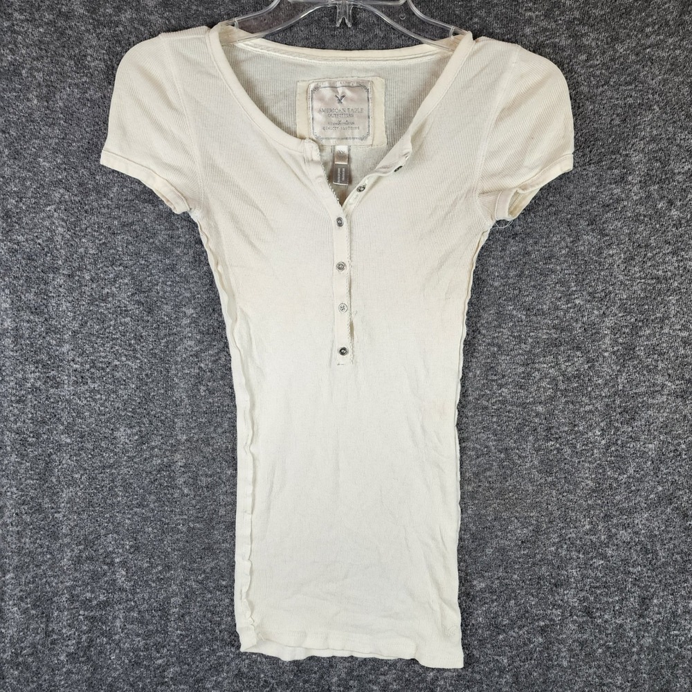 American Eagle Henley Top Womens XS Cream Ribbed Short Sleeve Stretch EUC